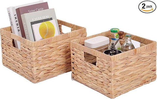Large Wicker Basket Set of 2 Woven Baskets for Shelves Gift Baskets Empty Wicker Storage Organizing with Built-in Handles 2-Pack Nesting Woven Basket 11.8*11.8*7.1INCH