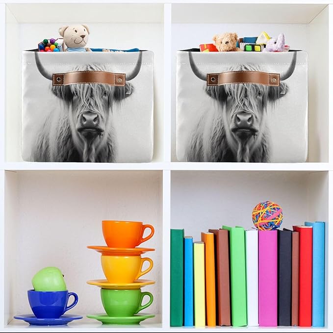 Storage Basket Highland Cow Storage Bin Cube with Handles Foldable Storage Baskets for Shelves Living Room Home Decor 2PCS