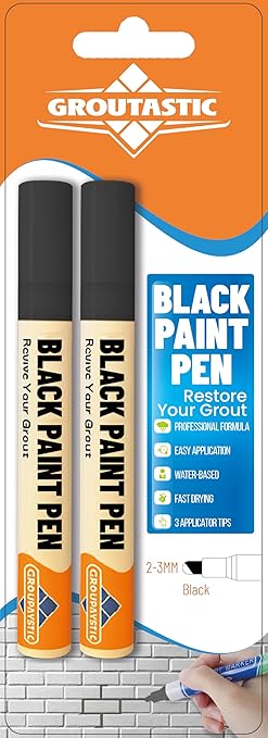 Black Grout Paint Pen Tile Grout Colorant & Sealer Marker, Quick-Dry, Ideal for Bathroom, Shower, Kitchen Tiles Restores Grout Lines, 3 Adjustable Tips (2-3 mm) 2 Pack