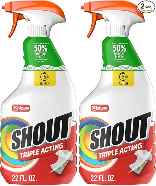 Shout Active Enzyme Laundry Stain Remover Spray, Triple-Acting Formula Clings, Penetrates, and Lifts 100+ Types of Everyday Stains - Prewash Spray 22oz (Pack of 2)