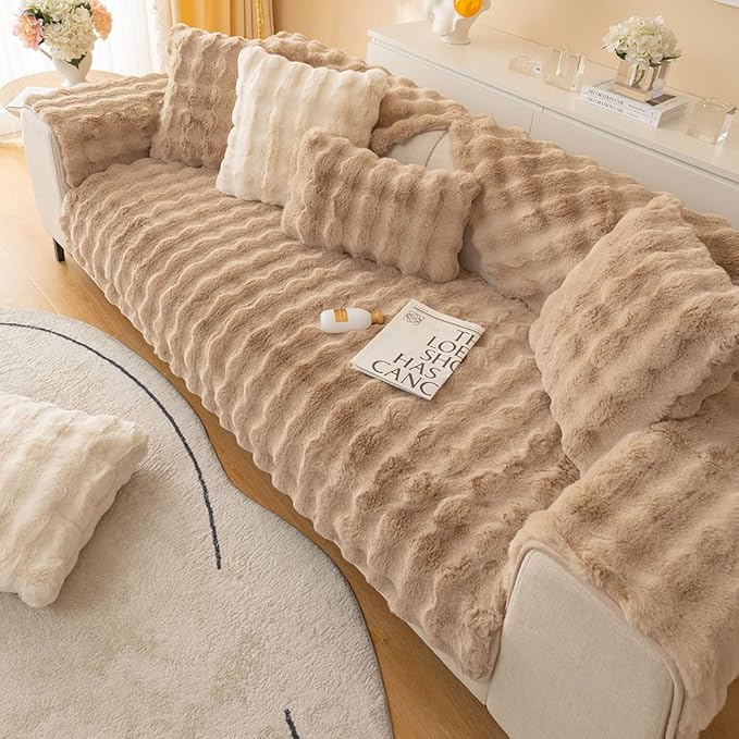 Soft Warm Faux Fur Couch Sofa Cover Thick Shaggy Fuzzy Sectional Couch Cover Non-Slip Solid Color Plush Sofa Slipcover Furniture Protector for Kids, Pets (Coffee,43"x63")