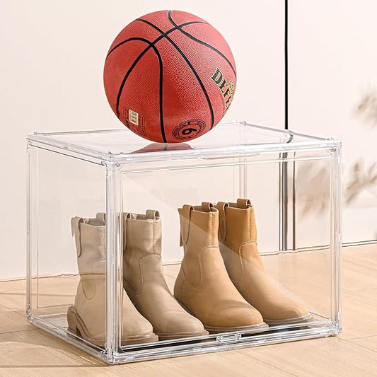 2 Pack XXX-Large Clear Display Case 17.7" x 13" x 13" Extra Large Display Organizer Box with Magnetic Door, Stackable Acrylic Storage Bin for Boots, Shoes, Collectibles, Bags, Figures