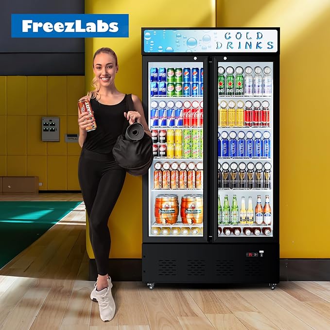 Commercial Glass Door Display Refrigerator 30 cu.ft Cooler Commercial Beverage Refrigerators with LED Light and 10 Shelves for Cafe, Restaurant, Store, Bar