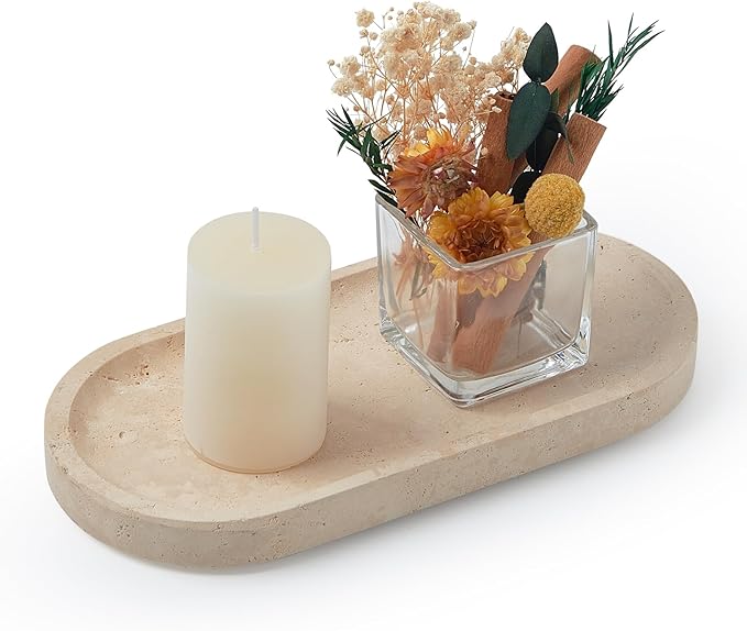 Travertine Tray, Marble Tray for Bathroom countertop,Non-Ceramic/Non-Resin，Stone for Storing Perfume, Cosmetics and Jewelry 10 * 5inch （Travertine）