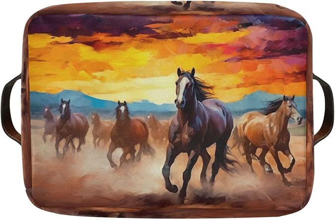 Storage Basket Horse Rectangular Collapsible Canvas Shelves Storage Bins with Leather Handles for Shelves Home Closet Bedroom Living Room, 1Pack
