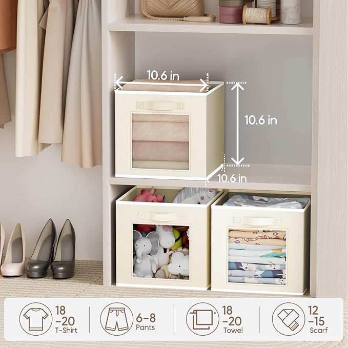 Foldable Storage Cubes - Square Organizer with Window, Decorative Baskets for Organizing, Fabric shelf Basket for Clothes, 11 Inch Closet Storage Cubes, Set of 16, Beige