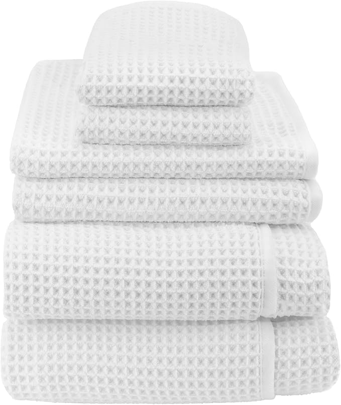 S&T INC. Aura Towel Set, 6 Piece Set, Premium Waffle Weave, Bath Towels, Wash Cloths and Hand Towels for Bathroom, Kitchen, and Home, Absorbent and Fast Drying Microfiber, 420gsm, 6 Pack, White