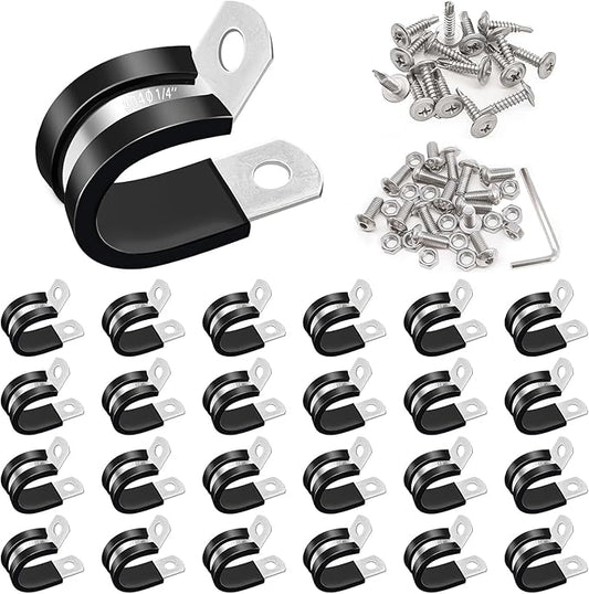 Taiss 50PCS 1/4 Inch Cable Clamps 304 Stainless Steel Rubber Cushion Insulated Pipe Clamps,Loop Clamps,Wire Clamps,Metal Clamp With two kinds of screws (6mm) F-098-6mm