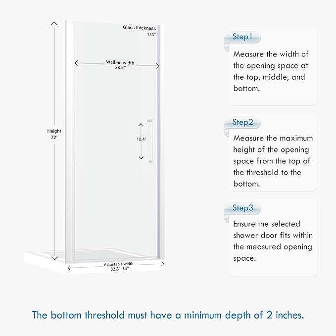 Frameless Pivot Shower Door 32.8-34" W X 72" H, 1/4" (6mm) Clear SGCC Tempered Glass, Hinged Pivot Swing Shower Door, Reversible Installation, Easy to Clean, Brushed Nickel
