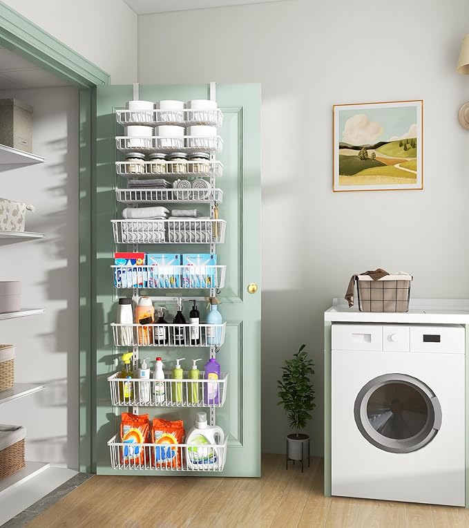 White 9-Tier Over The Door Pantry Organizer, Pantry Organization and Storage, Deep Baskets Hanging Heavy-Duty Metal, Wall Spice Rack Seasoning Shelves for Home & Kitchen, Laundry Room Bathroom