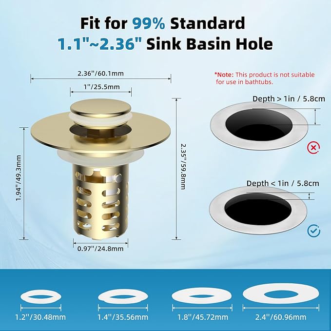 Universal Metal Bathroom Sink Drain Strainer Hair Catcher Upgraded 3 in 1 Pop-up Sink Stopper, with Detachable Stainless Steel Filter Basket, Fit for Standard 1.1''~2.36'' Basin Hole, Brushed Gold