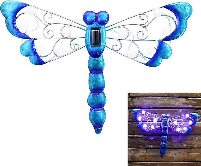 J-Fly Metal Dragonfly Outdoor Decor Solar Wall Decor Outdoor Metal Wall Art Garden Fence Decor Suitable for Garden Patio Fence Balcony Wall Decor 17 Inch