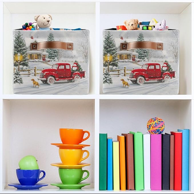 Red Truck Christmas Storage Basket Bin Xmas Tree Winter Snowman Fabric Storage Box Cube with Handles Kids Toys Hamper Closet Shelves Basket Organizer for Bedroom Nursery Home Decorative