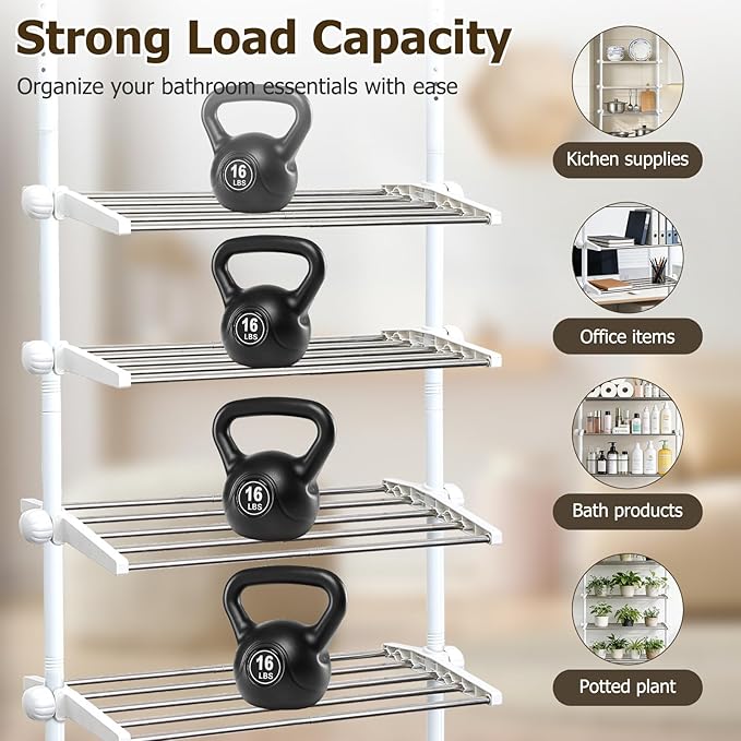 4 Tier Over The Toilet Storage 97-116” Over Toilet Bathroom Organizer with Adjustable Shelf Slim Behind Toilet Shelf for Toilet Paper Towel Plants (White)