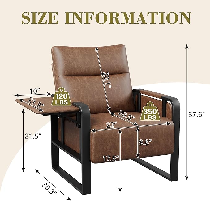 Modern Accent Chair with Tray Table PU Leather Upholstered Armchair for Bedroom Leisure Living Room Chairs Office Chair Dark Brown