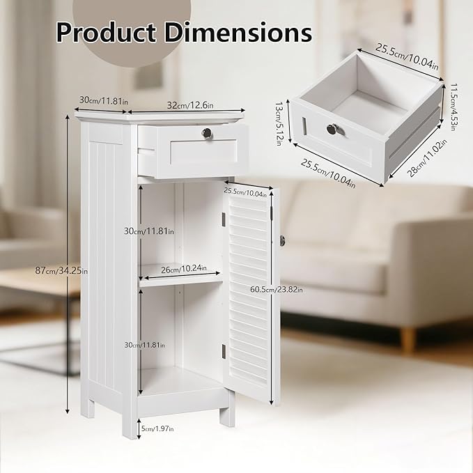 Small Bathroom Storage Cabinet, Freestanding Narrow Floor Cabinet with Drawer & Shutter Door for Small Spaces, Storage Organizer for Bathroom, Living Room, Entryway, 12.6 x 11.8 x 34.3 in