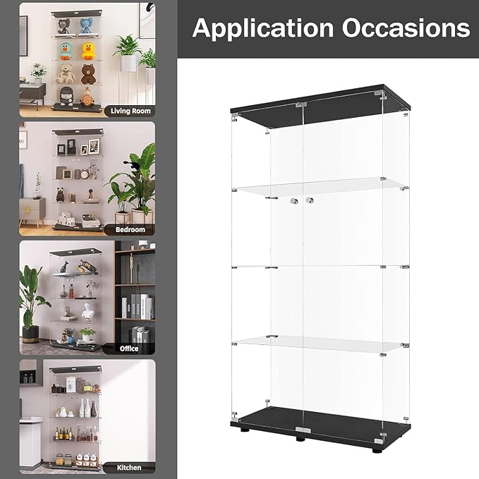 LFT HUIMEI2Y Glass Display Cabinet 4-Shelf with Double Door, Curio Cabinets Fast Installation in 30 Mins, Tempered Glass Floor Standing Bookshelf for Bedroom, Living Room 64.7”x 32”x 14.4” Black