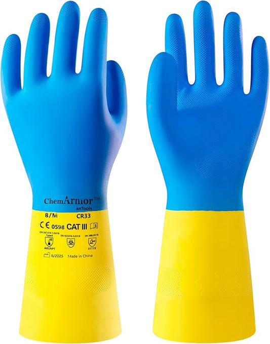 Neoprene and Rubber Blend Heavy-Duty Chemical Gloves, Protective industrial gloves for Resist Acid, Alkali, Hazmat, cleaning, dishwashing, X-Large