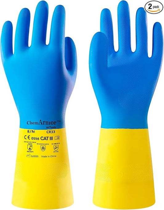 2 Pairs Neoprene and Rubber Blend Heavy-Duty Chemical Gloves, Protective industrial gloves for Resist Acid, Alkali, Hazmat, cleaning, dishwashing, Medium