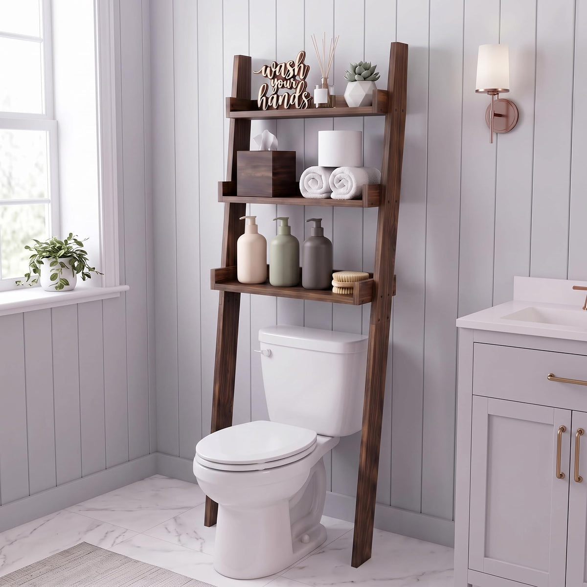 Over-the-Toilet Ladder Shelf, 3-Tier Wood Bathroom Rack - Image 1