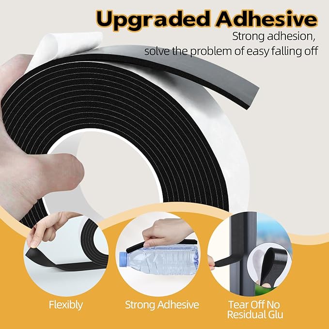 EVA Foam Weather Stripping Tape,1 Inch W x 1/4 Inch T Self-Adhesive Seal Tape for Doors & Windows-Draft Blocker,Soundproofing,Waterproof Insulation Foam,2 Rolls Total 33FT Black