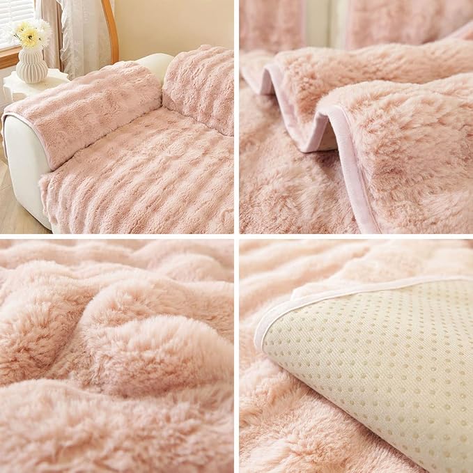 Soft Warm Faux Fur Couch Sofa Cover Thick Shaggy Fuzzy Sectional Couch Cover Non-Slip Solid Color Plush Sofa Slipcover Furniture Protector for Kids, Pets (Pink,36"x36")