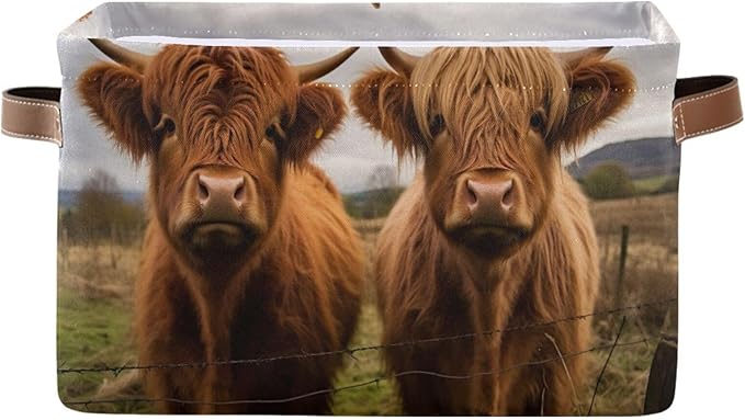 Storage Basket Scottish Highland Cow Rectangular Collapsible Canvas Shelves Storage Bins with Leather Handles for Shelves Home Closet Bedroom Living Room, 1Pack