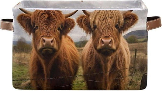 Storage Basket Scottish Highland Cow Rectangular Collapsible Canvas Shelves Storage Bins with Leather Handles for Shelves Home Closet Bedroom Living Room, 1Pack