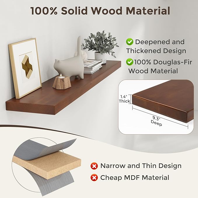 48 Inch Floating Shelves for Wall, 9.3" Deep USA-Sourced Solid Wood Wall Shelves with Heavy Duty Invisible Bracket, Storage Display Shelf for Living Room, Kitchem, Bedroom, Set of 1, Walunt Finish