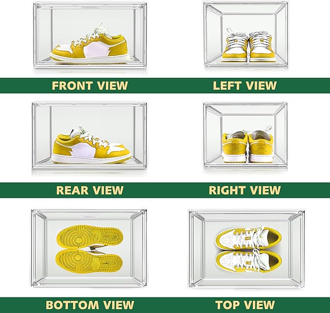 6 Pack Acrylic Shoe Storage Boxes Size 14 X-Large Clear Shoe Hat Containers Sneaker Display Case with Magnetic Door, Easy Assembly
