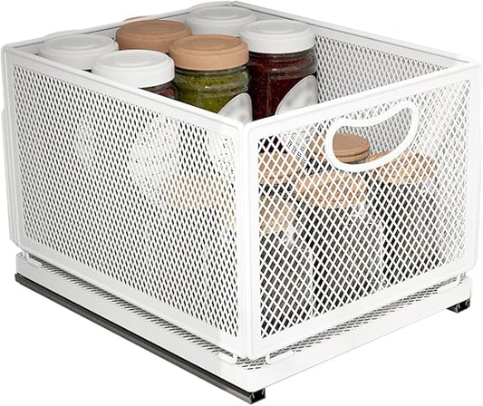 Sliding Cabinet Basket Organizer Drawer Self Adhesive Slide out Pantry Shelves Heavy Duty Carbon Steel Slide Cabinet Storage Basket with Handle for Bathroom Kitchen Home