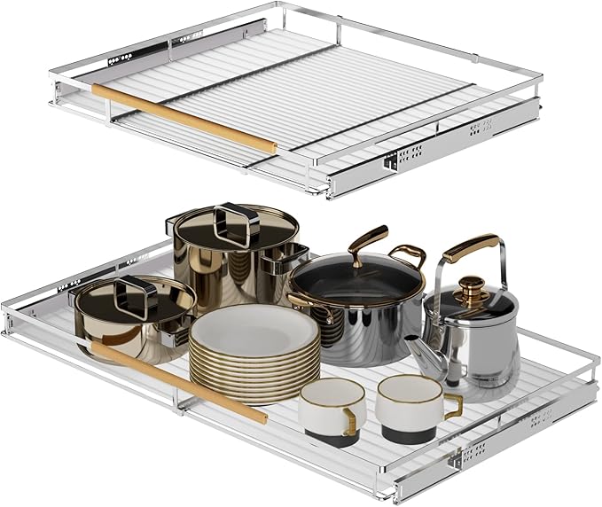 SANNO Expandable Pull Out Drawer Organizer and Storage, Cabinet Pots Pans Organizer Sliding Shelf Under Sink Shelf Over The Sink Expandable Dish Drying Rack,Dish Rack, Stainless Steel