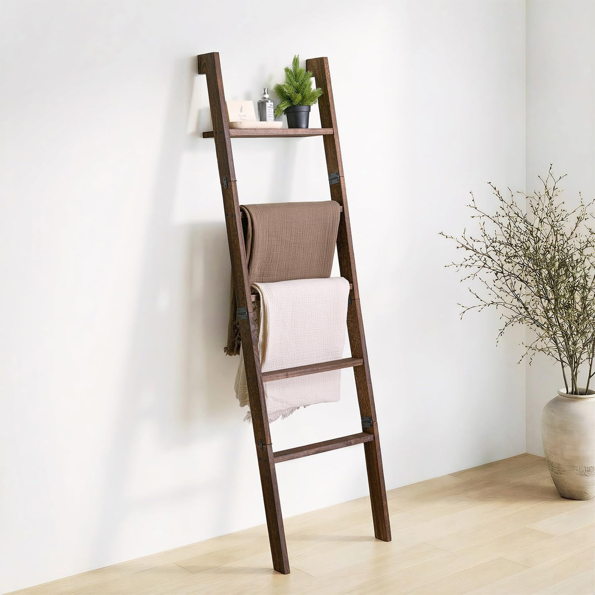 Blanket Ladder with Top Shelf, 5-Tier Wood 64” Decorative - Image 1