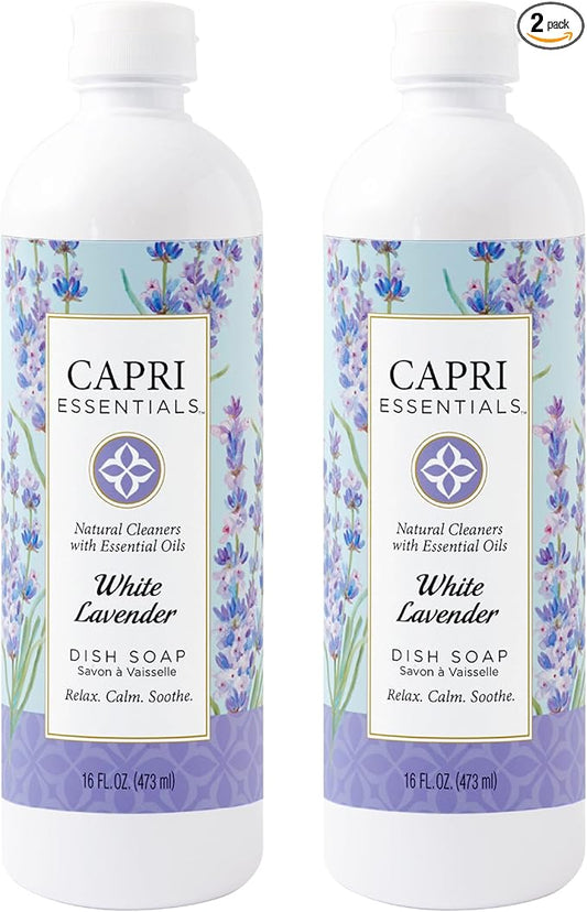 CAPRI ESSENTIALS Dish Soap Liquid, Natural Household Cleaning, Plant Based Aromatic Dish Detergent, Blend of Essential Oils with Juniper & Chamomile, White Lavender, 16 FL Oz (2 Pack)