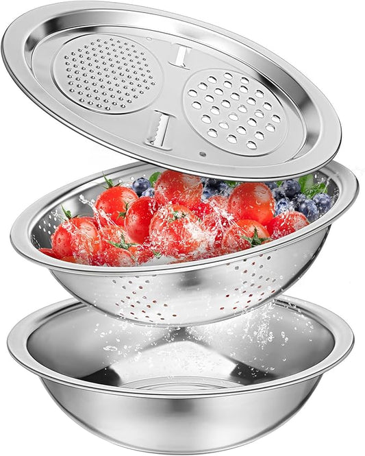 Stainless Steel Wash Basin with Drain Basket and Built-in Shredder Slicer Multifunctional Kitchen Colander for Washing and Draining Fruits and Vegetables 10X10X2.7 Inches