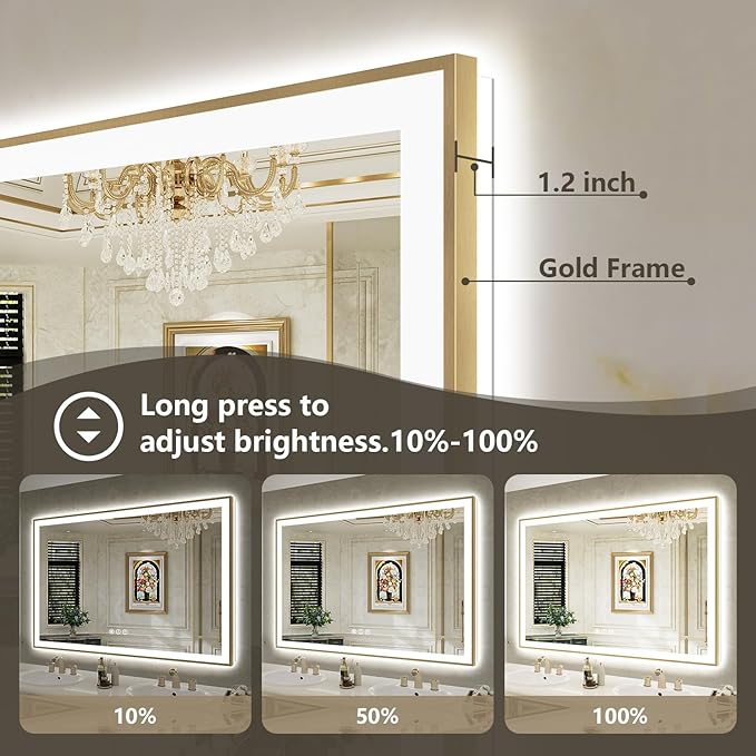 30x30 Inch LED Bathroom Mirror with Lights (Front Lit and Backlit) Gold Framed Lighted Vanity Mirror for Bathroom Wall Dimmable Anti-Fog Memory Tempered Glass Horizontal/Vertical