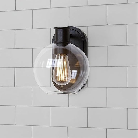 Dan Modern Farmhouse 1-Light Wall Sconces Light with Clear Glass Globe Shade in Dark Bronze Finish for Hallway, Entryway, Bathroom, Garage, Kitchen, Living Room