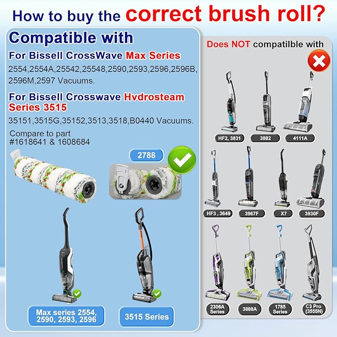 Lemige 2 Pack Replacement Brushes and Filters for Bissell CrossWave Max 2554 2590 2593 2596 for HydroSteam Plus 35151 3515 35152 3513 3518 Vacuums, Part 1618641 & 1608684