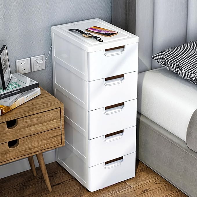 Plastic Drawers Dresser Storage Cabinet with Wheels,5 Drawer Stackable Vertical Clothes Storage Tower,Organizer Unit for Bathroom Entryway Bedroom Living Room,White