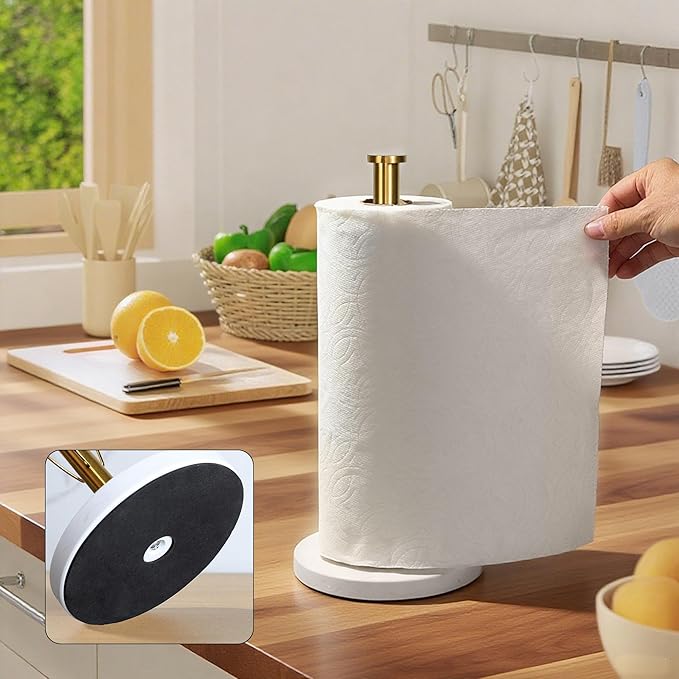 YIGII Marble Base Paper Towel Holder Countertop, Standing Paper Towel Holder with 15-Minute Magnetic Sand Timer, Papertowel Rack for Standard or Jumbo-Sized Roll Paper