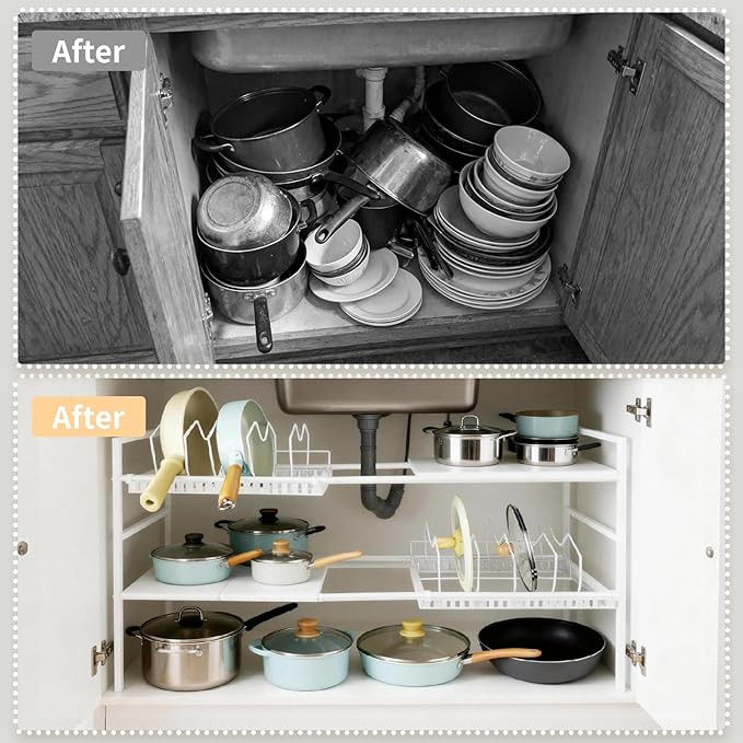 Pots and Pans Organizer Under Cabinet, Expandable Length, Adjustable Height Under Sink Shelf 2 Tier with 10 Dividers Under Sink Organizer, Pot and Pan Lid Holder Rack (White)