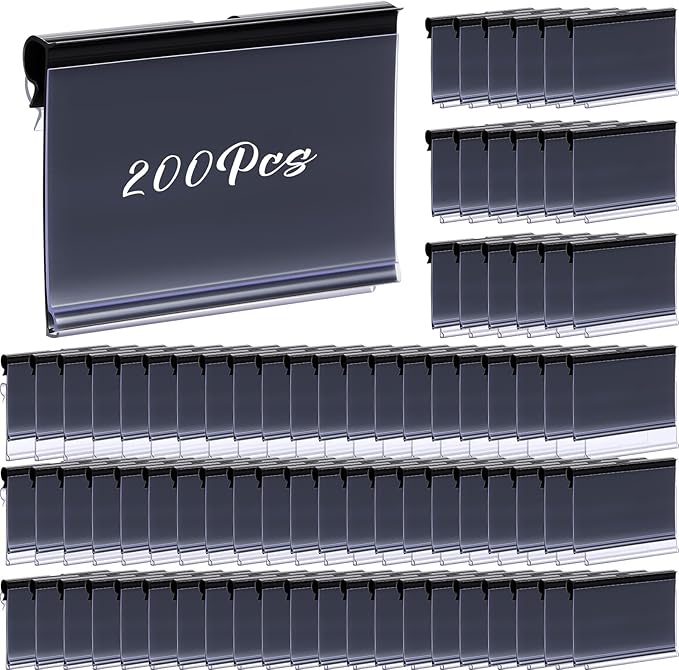 Tatuo 200 Pcs Reusable Plastic Wire Shelf Label Holders, Price Card Sign for Pantry Retail Supermarket Merchandise Shopping Mall Shop Ticket Display Holder Clip on Design, 2.36" L x 1.65" H (Black)