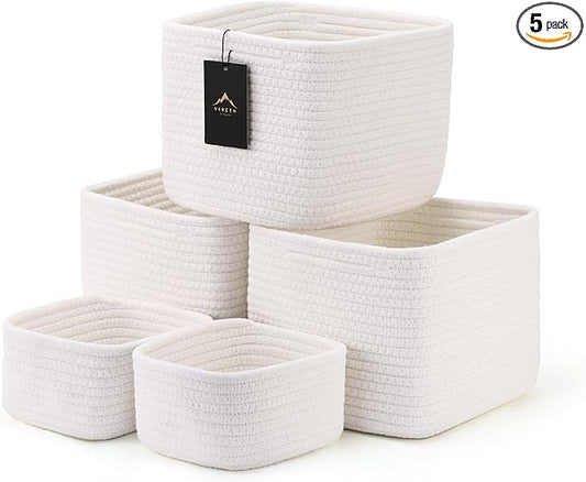 5-Pack Storage Cubes Woven Rope Baskets - 2 Sizes Organizer Bins for Closet, Shelf, Bookshelf, Nursery, Changing Table, Cube Storage Bins, Storage Baskets for Bathroom Toy & Home