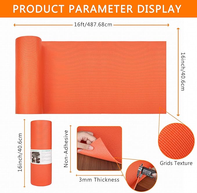 Foam Toolbox Liner Drawer Mat 1/8 Inch Thick X 16 Inch Wide X 16 Ft Long Orange, No Slip for Protecting Cabinet, Garage, Cart, Tool Box