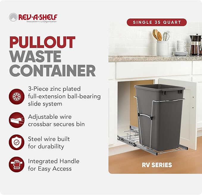 Rev-A-Shelf Pullout Trash Can for Kitchen Cabinets 35 Qt Garbage Waste Recycling Bin with Full Extension Slides, Orion Gray, RV-12KD-13C-S