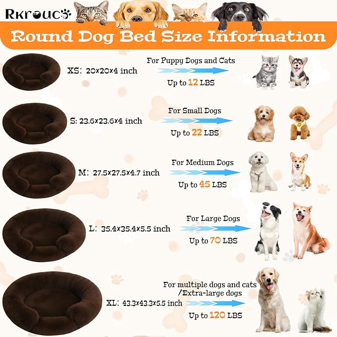 Fluffy Dog Bed Calming Donut Beds for Large Dogs Warming Round Small Medium Pet Nest Cozy Cat Mattress Indoor Washable Puppy Kennel Kittens Sleep Mat (XL, 43.3×43.3 inch, Brown)