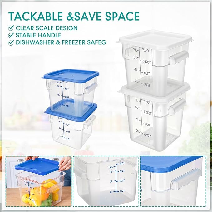 Lallisa 4 Pcs 8qt & 4qt Clear Food Storage Containers with Lids Handles and Scales, Stackable Plastic Square Food Storage Containers for Dough Proofing Baking Kitchen Restaurant(White, Blue)