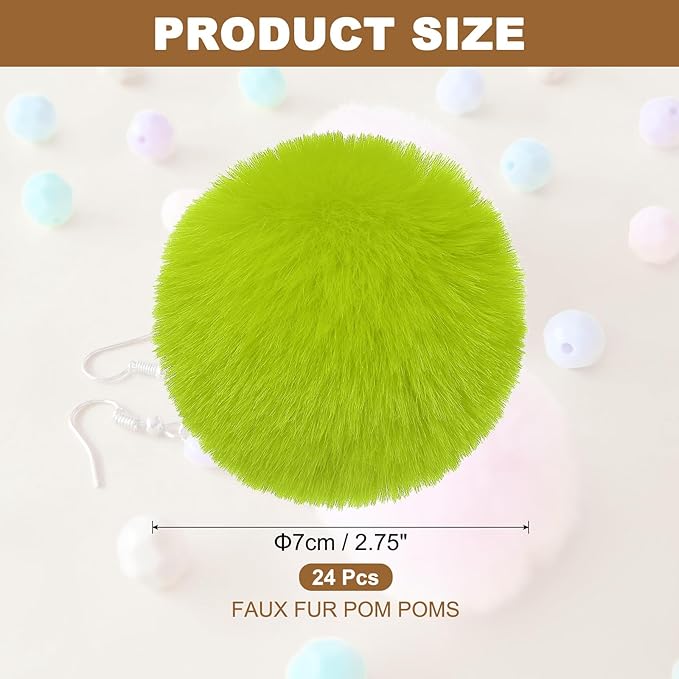 PATIKIL Faux Fur Pom Poms for Hats, 24 Pcs Fluffy Soft Fur Poms Balls with Elastic Loop for Keychain Knitting Hats DIY Scarves Gloves Bag Christmas, Bright Green