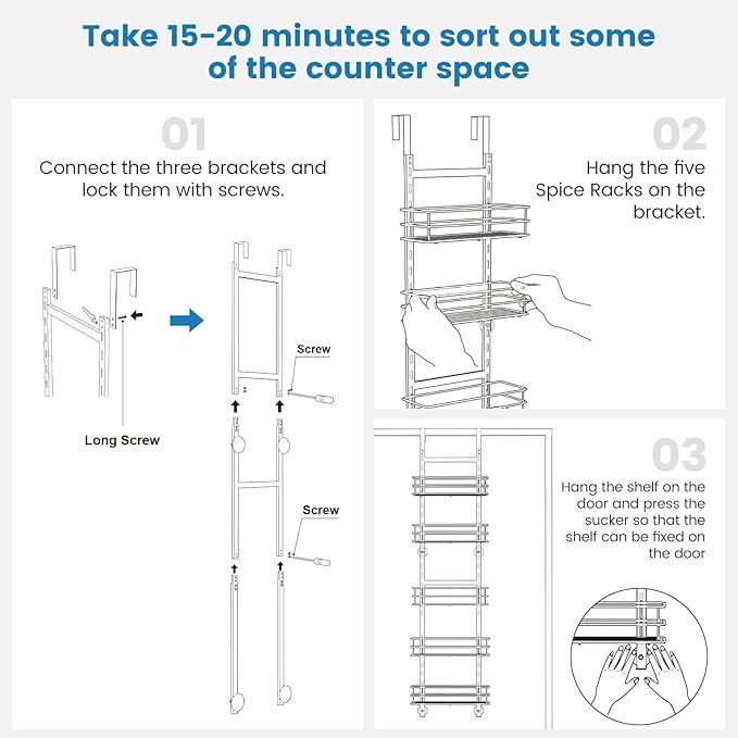 Adjustable 5-Tier Over the Door Pantry Organizer, Spice Rack, Narrow Hanging Shelf for Kitchen Storage and Organization (White)