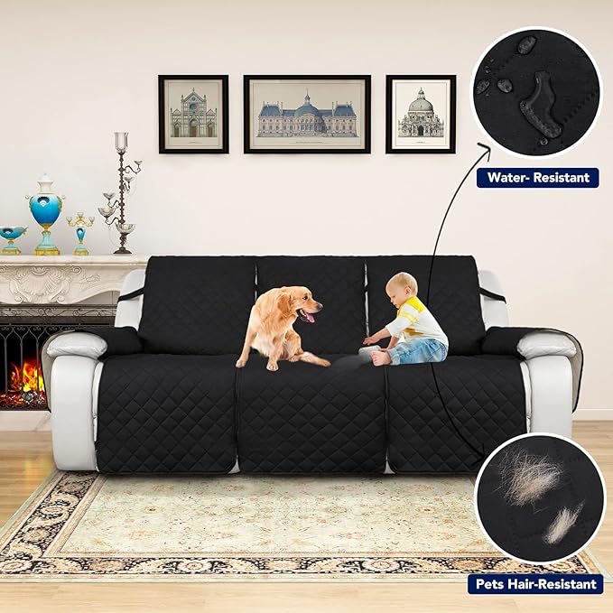 PureFit Water Resistant Reversible Sofa Covers for Reclining Sofa 3 Seat - Non Slip Split Recliner Couch Cover for 3 Cushion Couch, Washable Furniture Protector for Kids, Dogs (3 Seat, Black/Beige)
